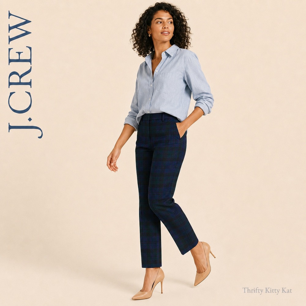 J.Crew Black Watch Plaid Wool Blend Stretch Slim Cuffed Ankle Pants Blue Green 4